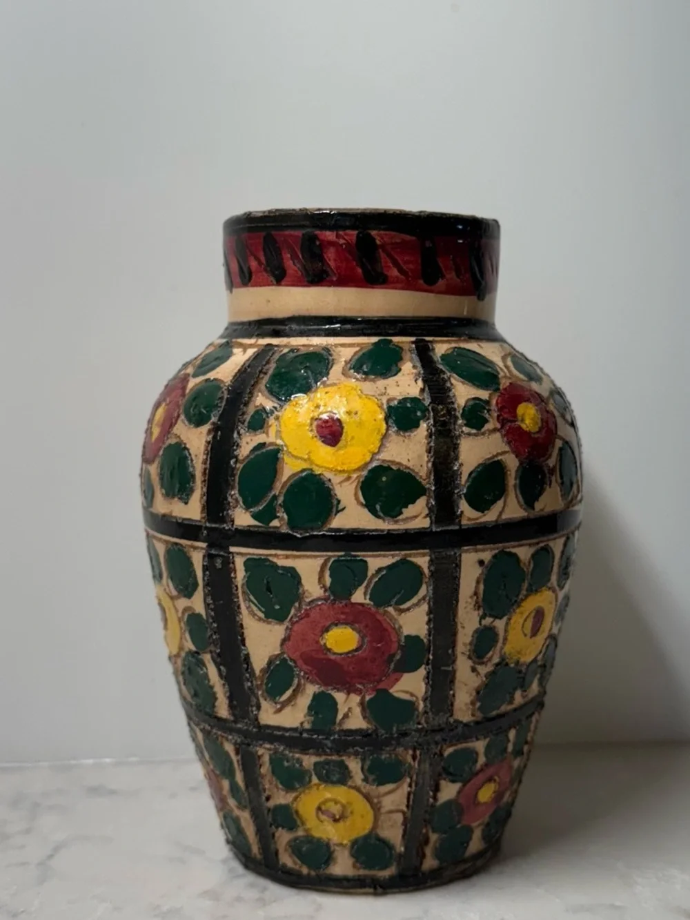 Hand-Painted Italian Floral Ceramic Vase in Yellow, Green & Red
